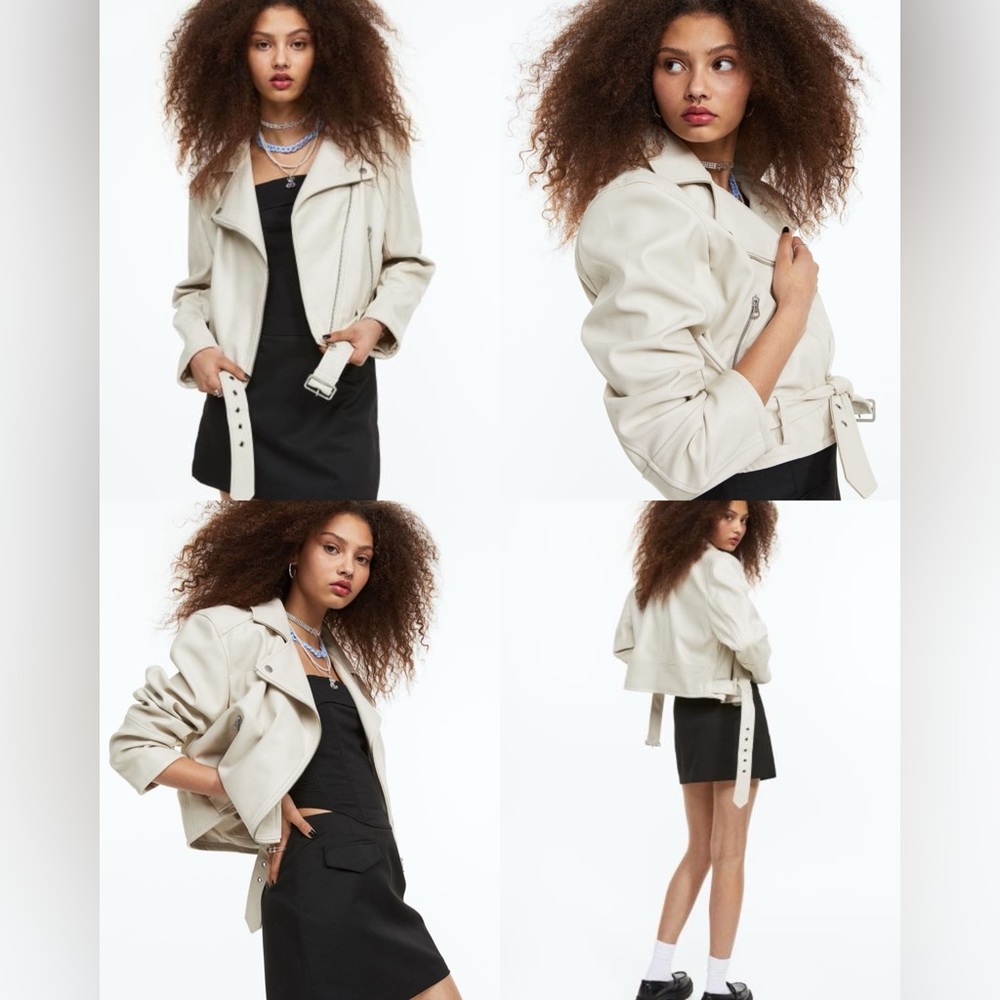H&M Light Beige Faux Leather Bikers Jacket Medium NWOT
